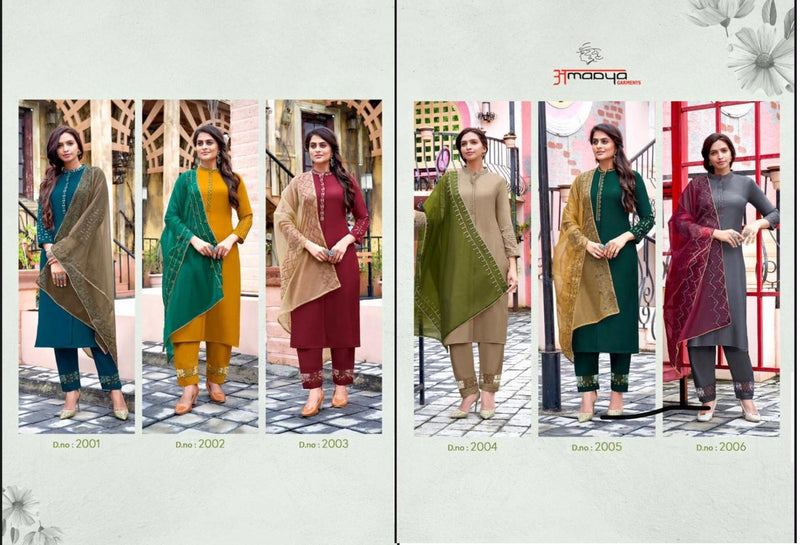 Amaaya Garments Classic Chinnon Festive Wear Embroidered Kurtis With Set Of Bottom & Dupatta