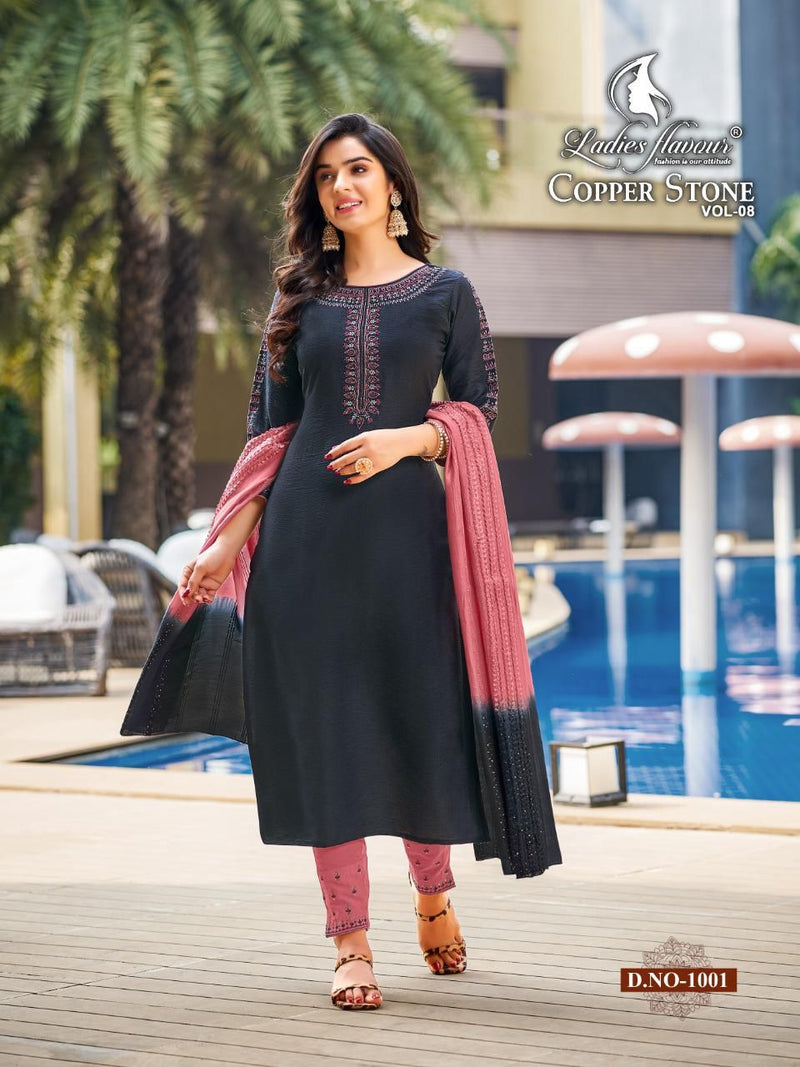 Ladies Flavor Copper Stone Vol 8 Nylon Viscose Fancy Stylish Festive Wear Kurtis With Set Of Dupatta & Bottom