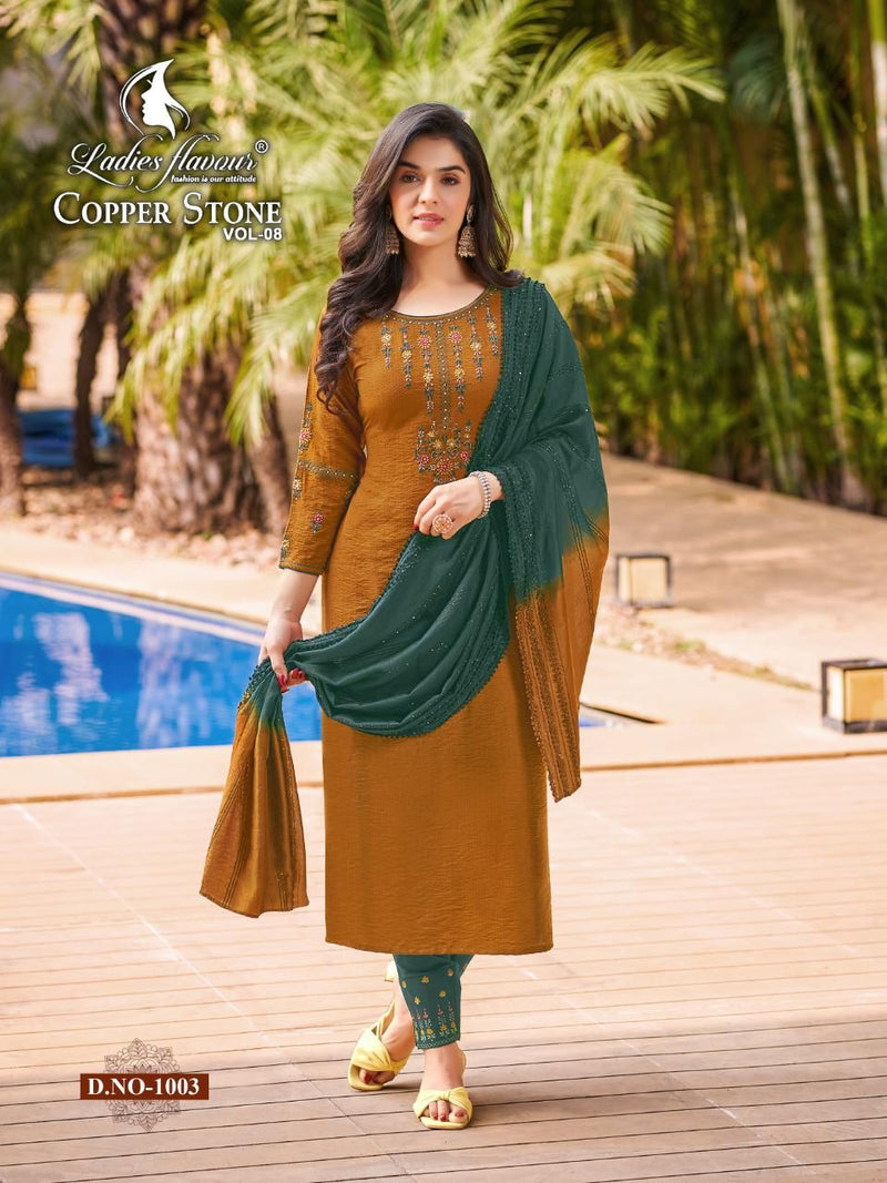 Ladies Flavor Copper Stone Vol 8 Nylon Viscose Fancy Stylish Festive Wear Kurtis With Set Of Dupatta & Bottom