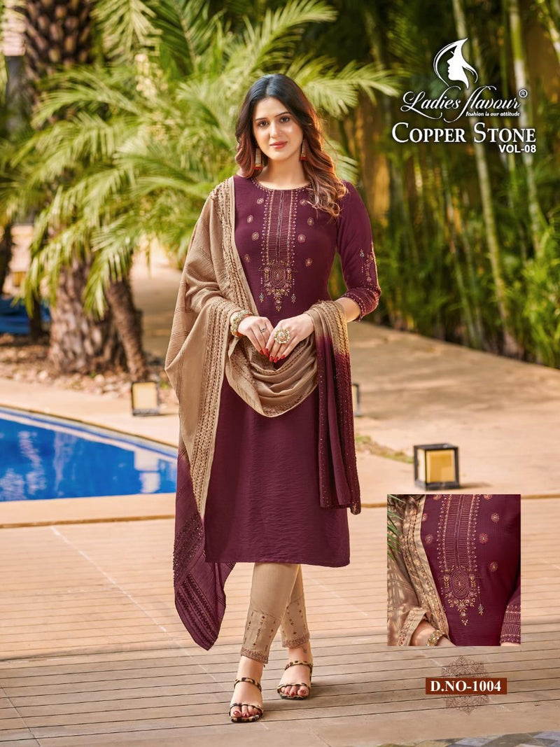 Ladies Flavor Copper Stone Vol 8 Nylon Viscose Fancy Stylish Festive Wear Kurtis With Set Of Dupatta & Bottom