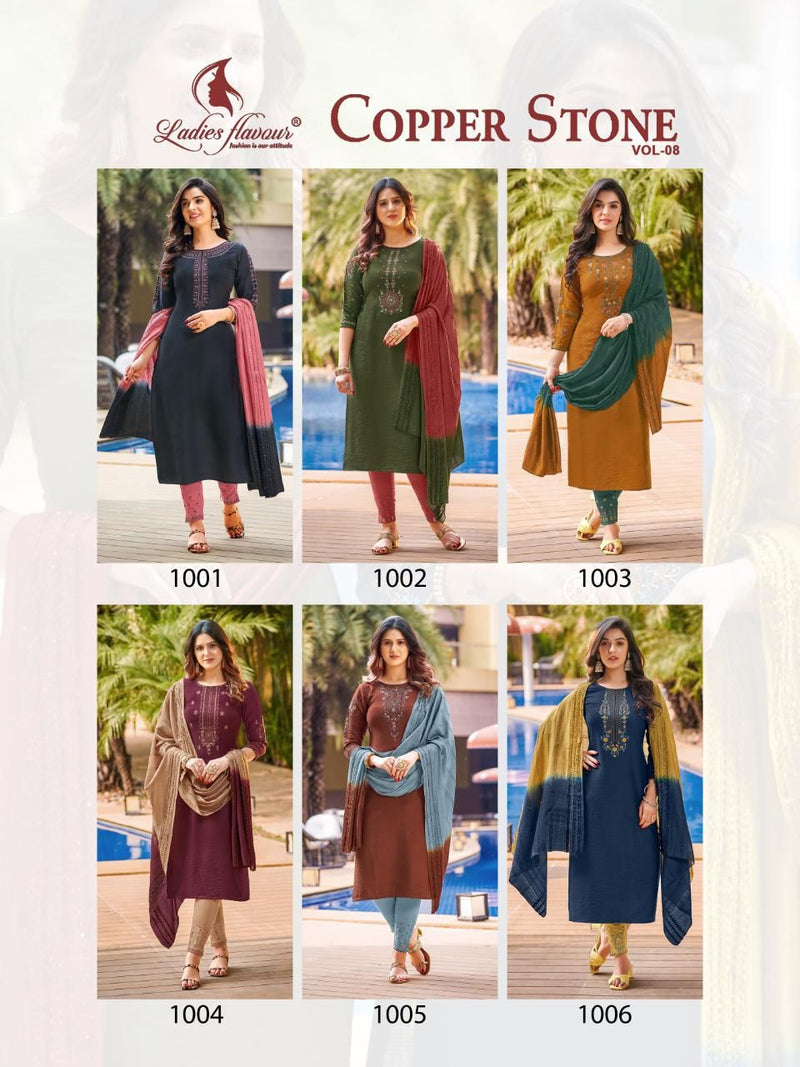 Ladies Flavor Copper Stone Vol 8 Nylon Viscose Fancy Stylish Festive Wear Kurtis With Set Of Dupatta & Bottom