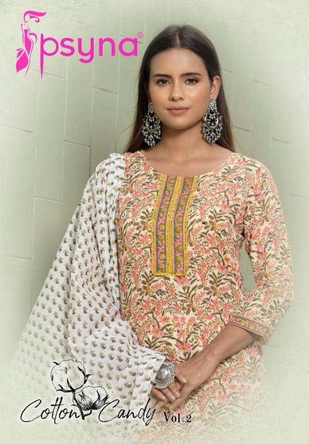 Psyna Cotton Candy Vol 2 Cotton Printed Party Wear Kurtis With Bottom & Dupatta