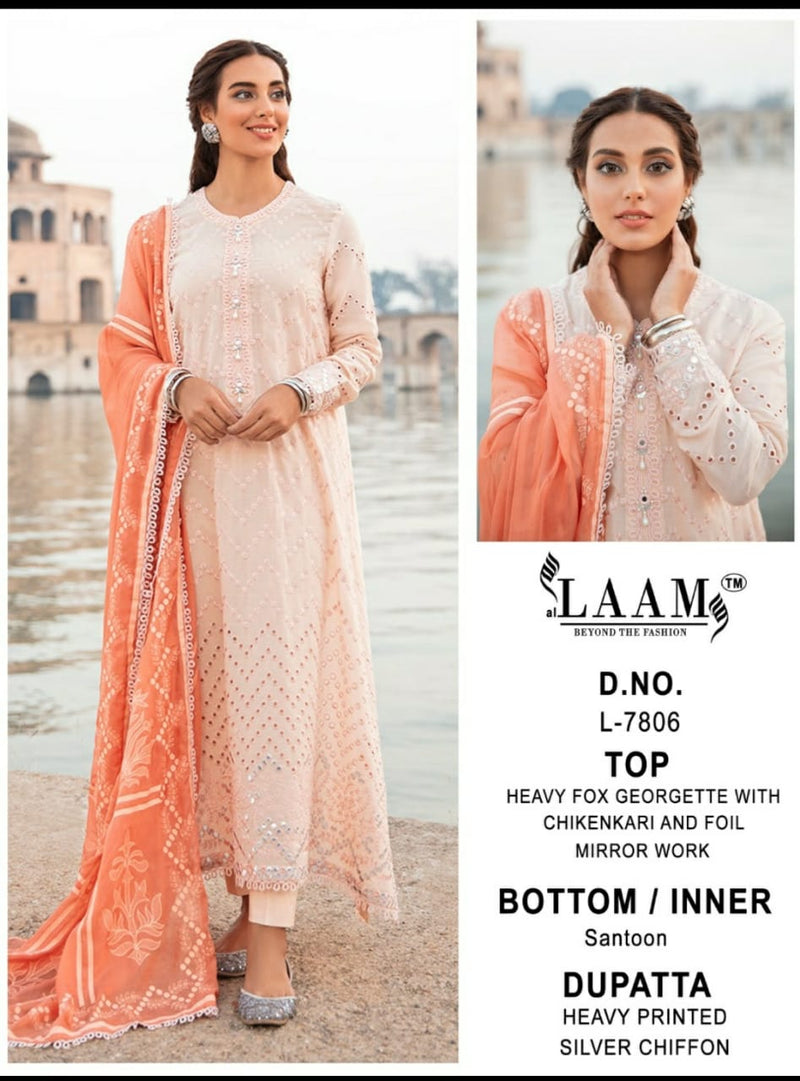 Al Laam D No  L 7806 Fox Georgette Designer Party Wear Chikankari Kurtis With Bottom & Dupatta