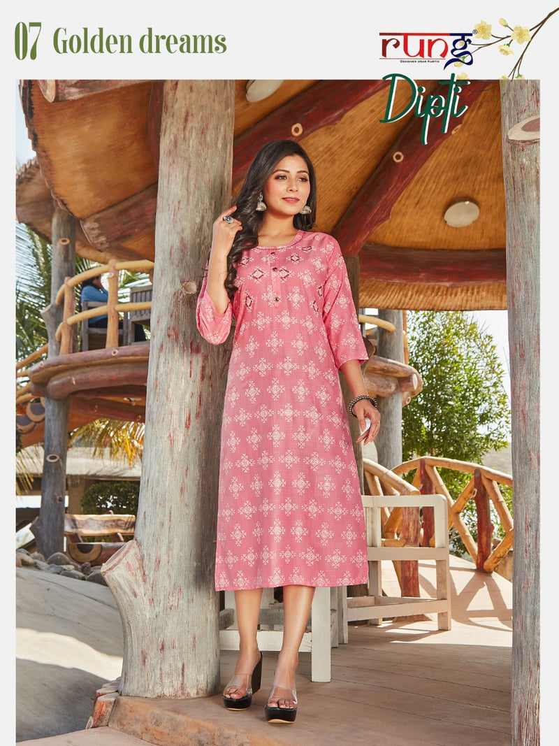 Rung Dipti Rayon Slub Printed Fancy Festive Wear Kurtis