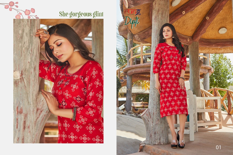 Rung Dipti Rayon Slub Printed Fancy Festive Wear Kurtis