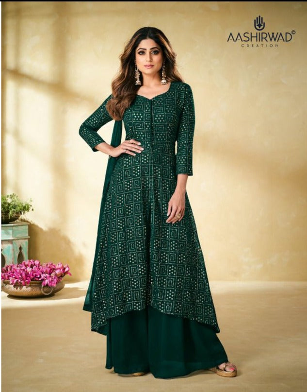 Aashirwad Creation Ethnic Real Georgette Designer Long Wedding Wear Kurtis With Plazo Bottom And Dupatta