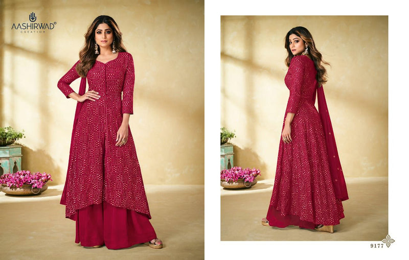 Aashirwad Creation Ethnic Real Georgette Designer Long Wedding Wear Kurtis With Plazo Bottom And Dupatta