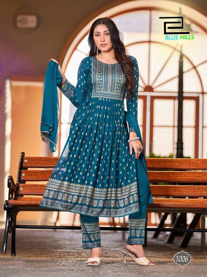 Blue Hills Festive Night Vol 7 Rayon Slub Foil Printed Fancy Designer Partywear Kurti