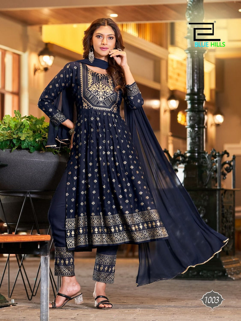 Blue Hills Festive Night Vol 7 Rayon Slub Foil Printed Fancy Designer Partywear Kurti