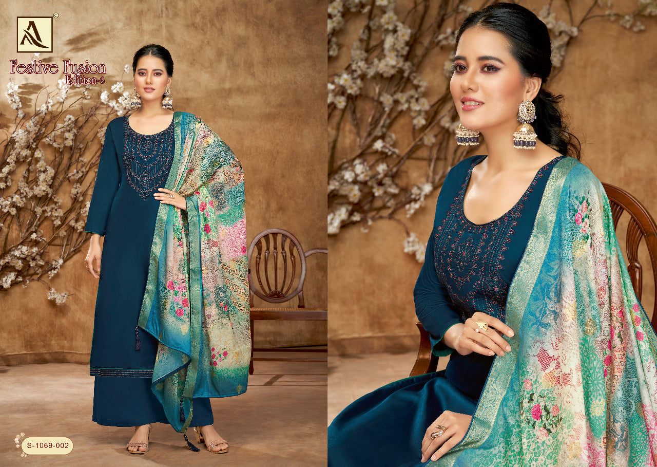 Alok Suit Festive Fusion Vol 6 Pure Cotton With Hand Work Stylish Designer Salwar Kameez