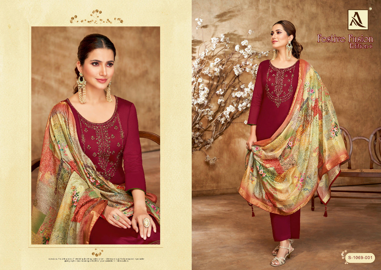 Alok Suit Festive Fusion Vol 6 Pure Cotton With Hand Work Stylish Designer Salwar Kameez