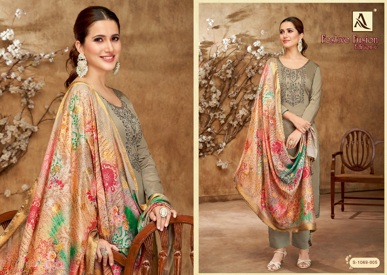 Alok Suit Festive Fusion Vol 6 Pure Cotton With Hand Work Stylish Designer Salwar Kameez