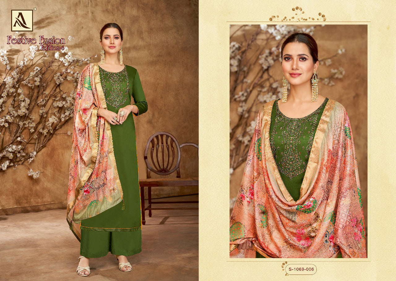 Alok Suit Festive Fusion Vol 6 Pure Cotton With Hand Work Stylish Designer Salwar Kameez