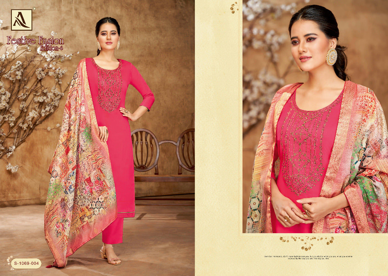 Alok Suit Festive Fusion Vol 6 Pure Cotton With Hand Work Stylish Designer Salwar Kameez