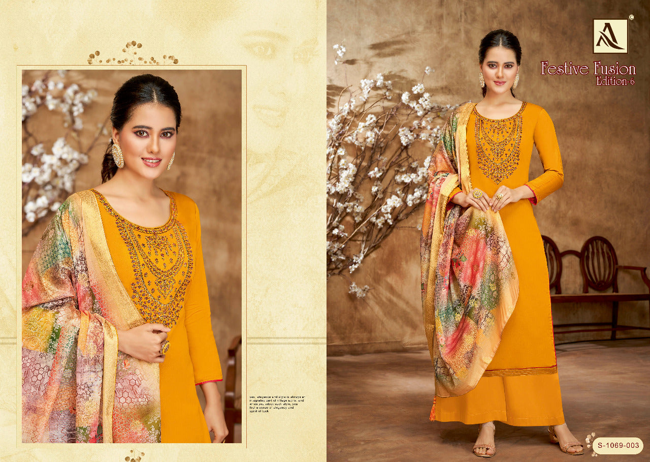 Alok Suit Festive Fusion Vol 6 Pure Cotton With Hand Work Stylish Designer Salwar Kameez