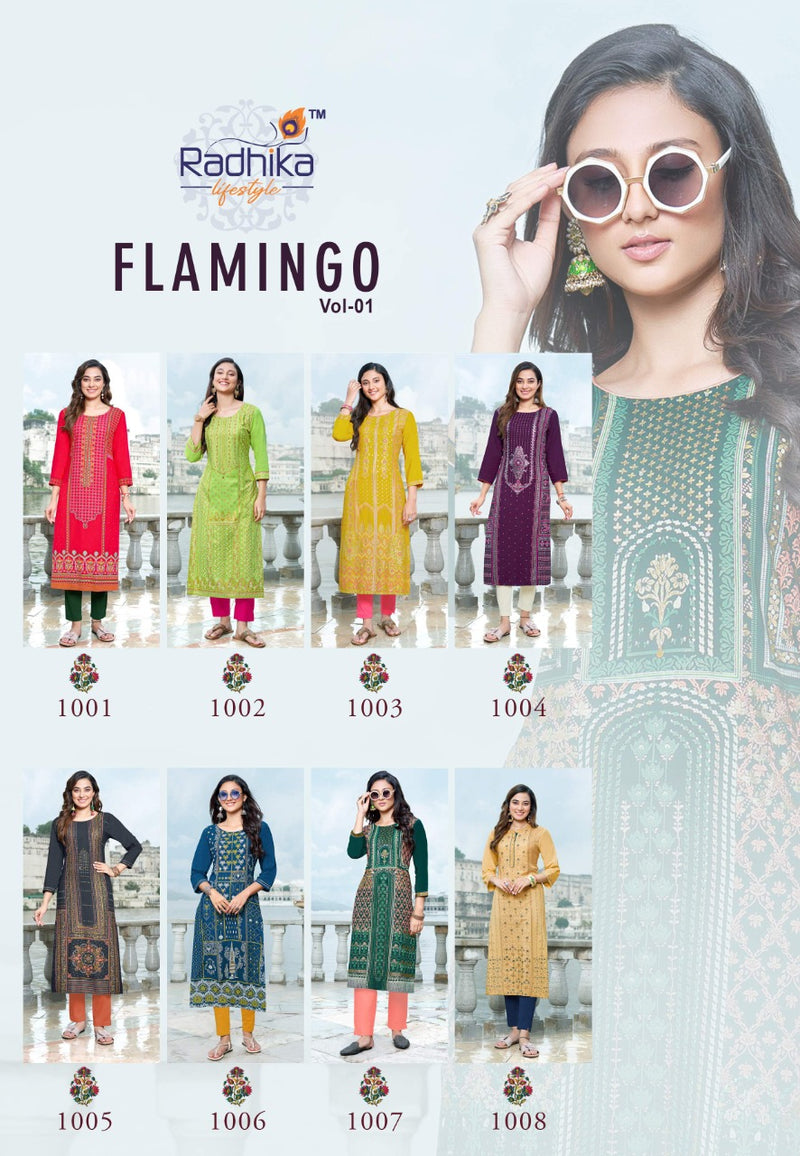 Radhika Lifestyle Flamingo Vol 1 Rayon With Printed Work Stylish Designer Casual Wear Kurti