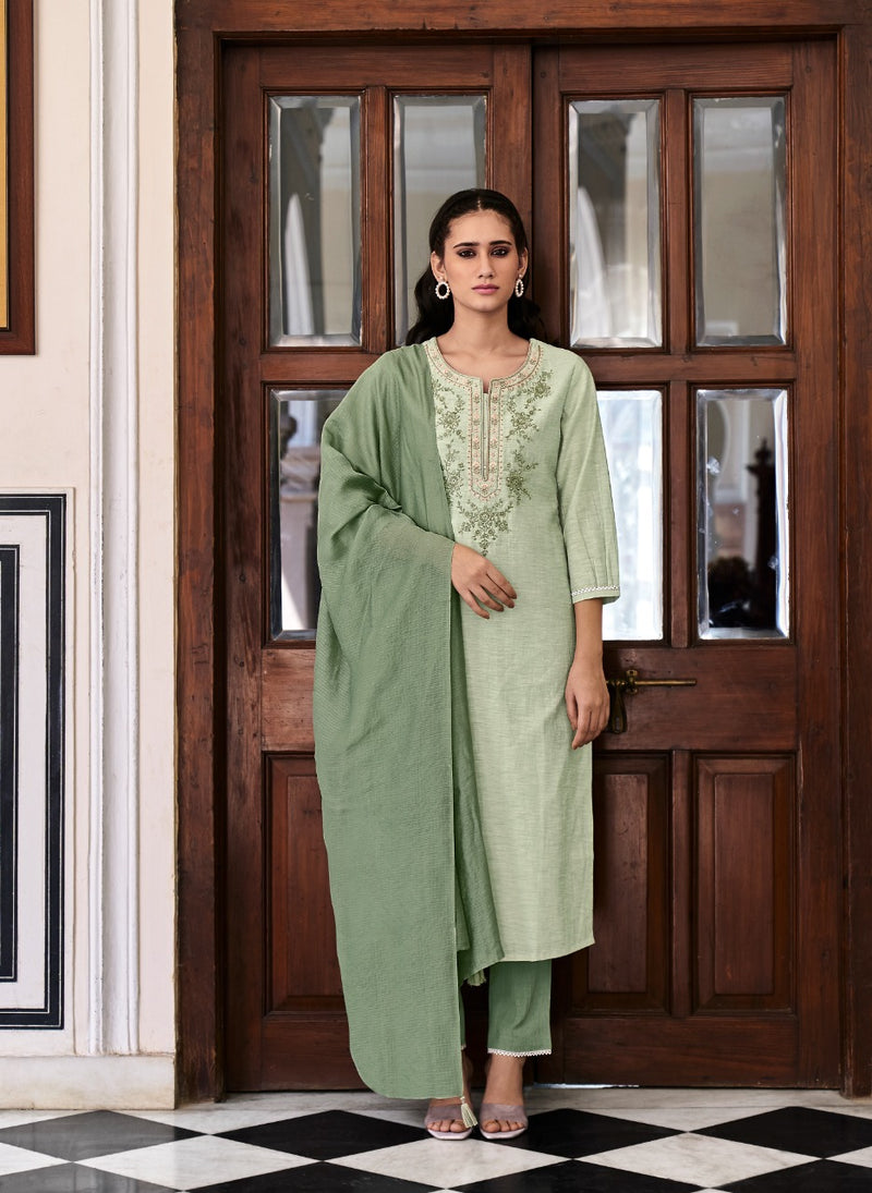 Four Buttons Ambar Linen Cotton Embroidered Party Wear Kurtas With Bottom & Dupatta