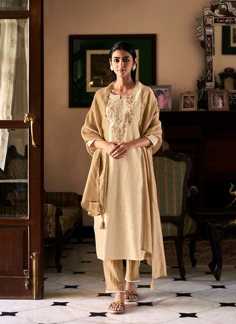 Four Buttons Ambar Linen Cotton Embroidered Party Wear Kurtas With Bottom & Dupatta