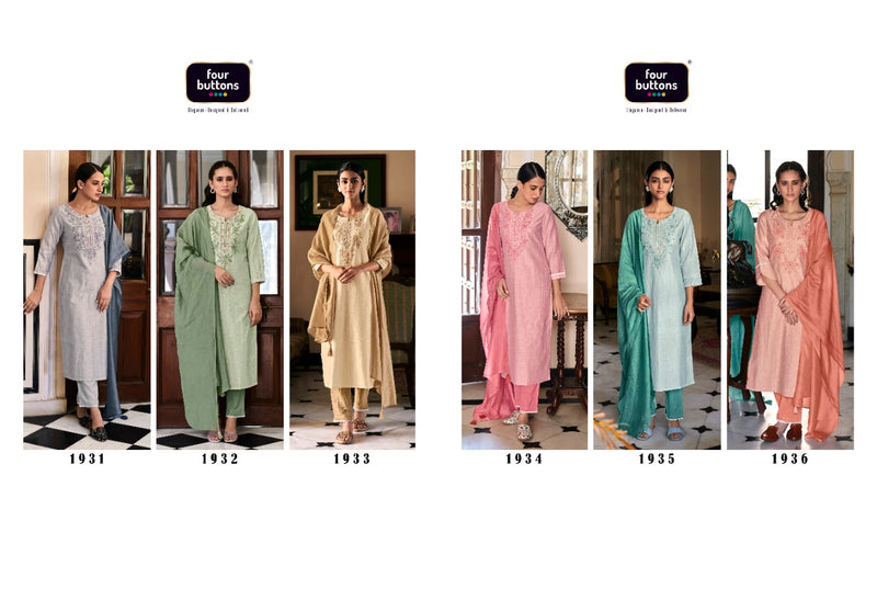 Four Buttons Ambar Linen Cotton Embroidered Party Wear Kurtas With Bottom & Dupatta