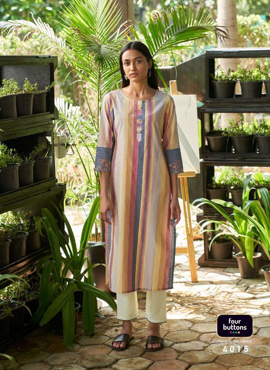 Four Buttons Breeze Vol 5 Pure Cotton Weaving Stripes Embroidery On Sleeves Kurti