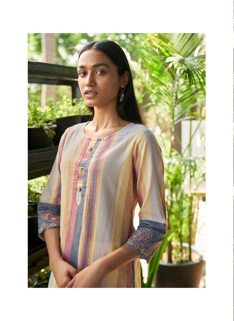 Four Buttons Breeze Vol 5 Pure Cotton Weaving Stripes Embroidery On Sleeves Kurti