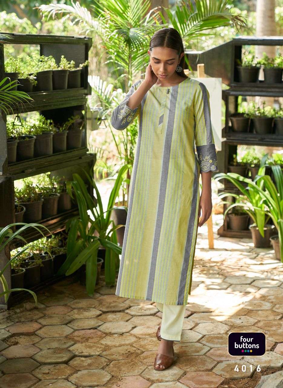 Four Buttons Breeze Vol 5 Pure Cotton Weaving Stripes Embroidery On Sleeves Kurti