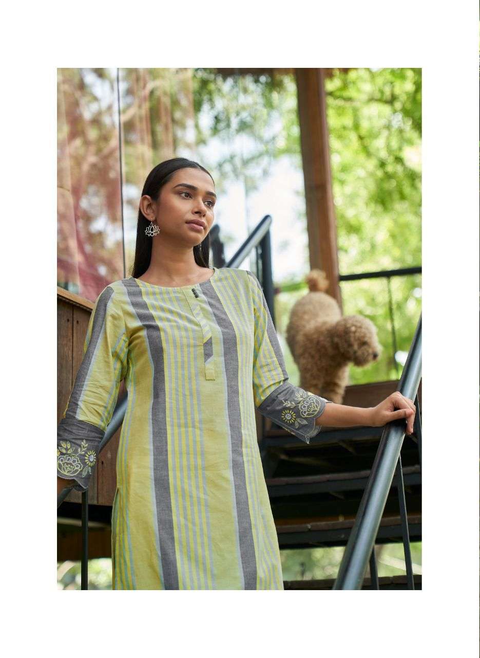 Four Buttons Breeze Vol 5 Pure Cotton Weaving Stripes Embroidery On Sleeves Kurti