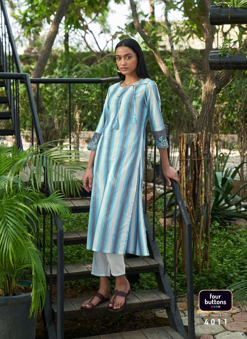 Four Buttons Breeze Vol 5 Pure Cotton Weaving Stripes Embroidery On Sleeves Kurti