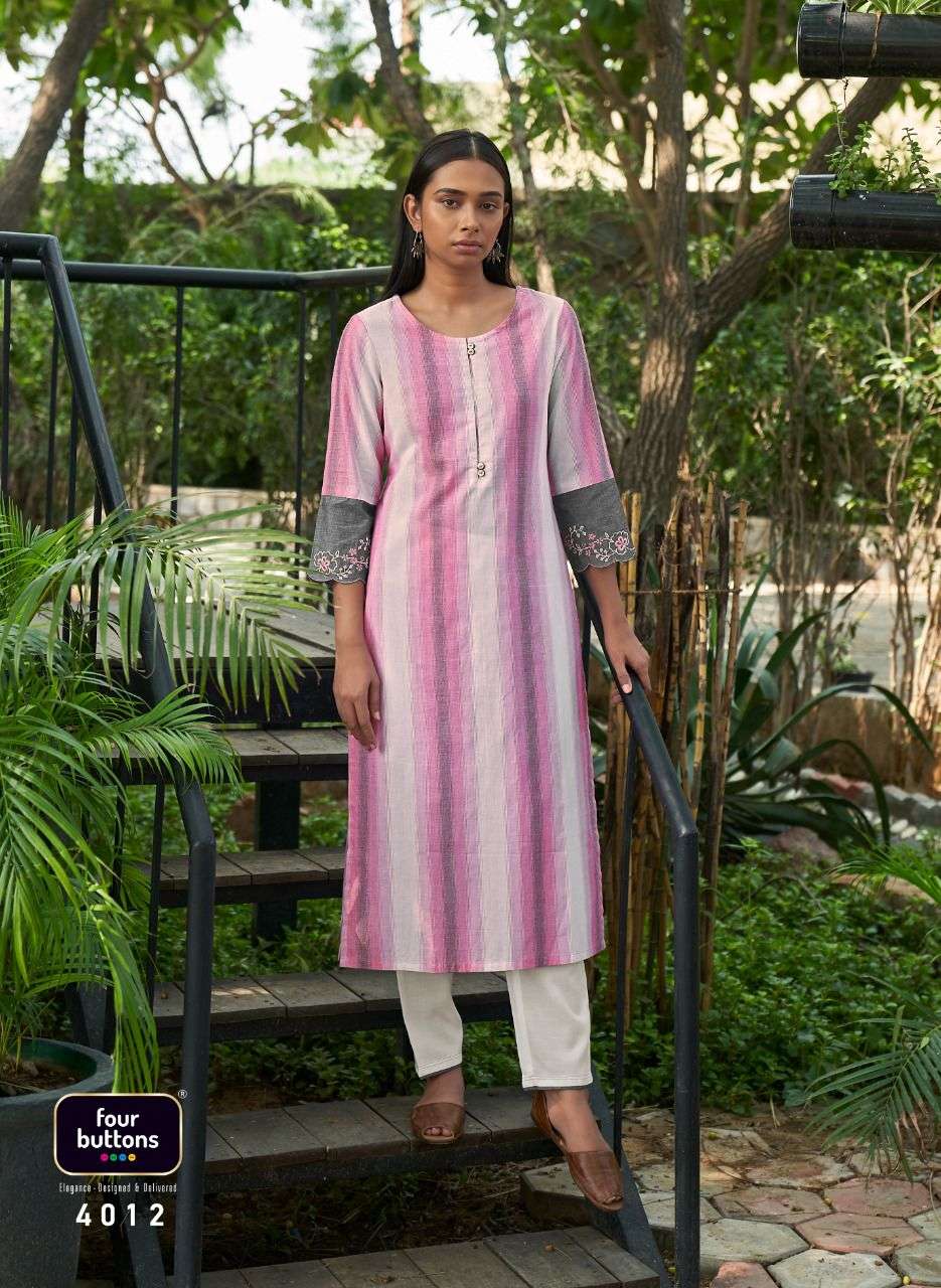 Four Buttons Breeze Vol 5 Pure Cotton Weaving Stripes Embroidery On Sleeves Kurti