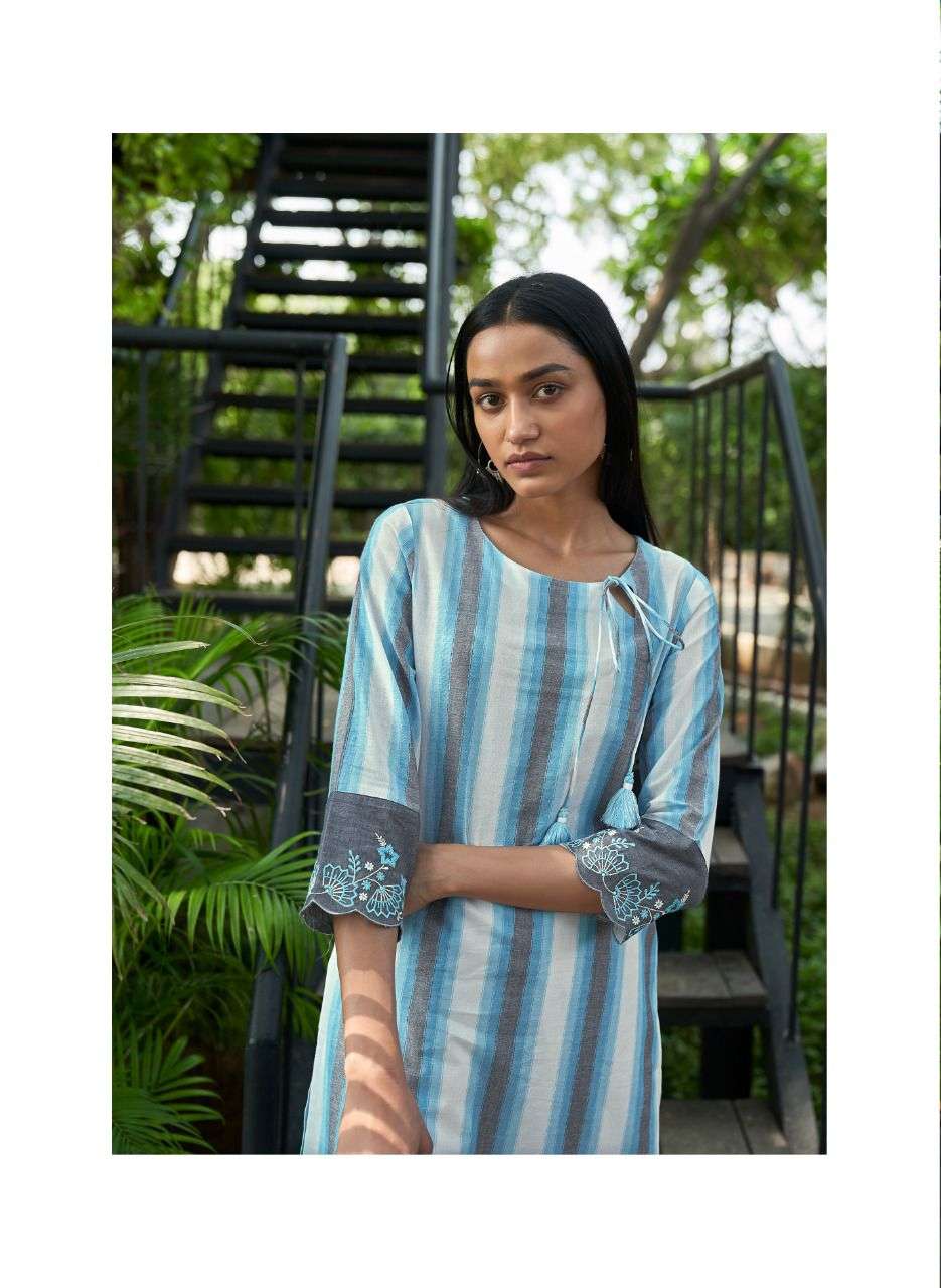 Four Buttons Breeze Vol 5 Pure Cotton Weaving Stripes Embroidery On Sleeves Kurti