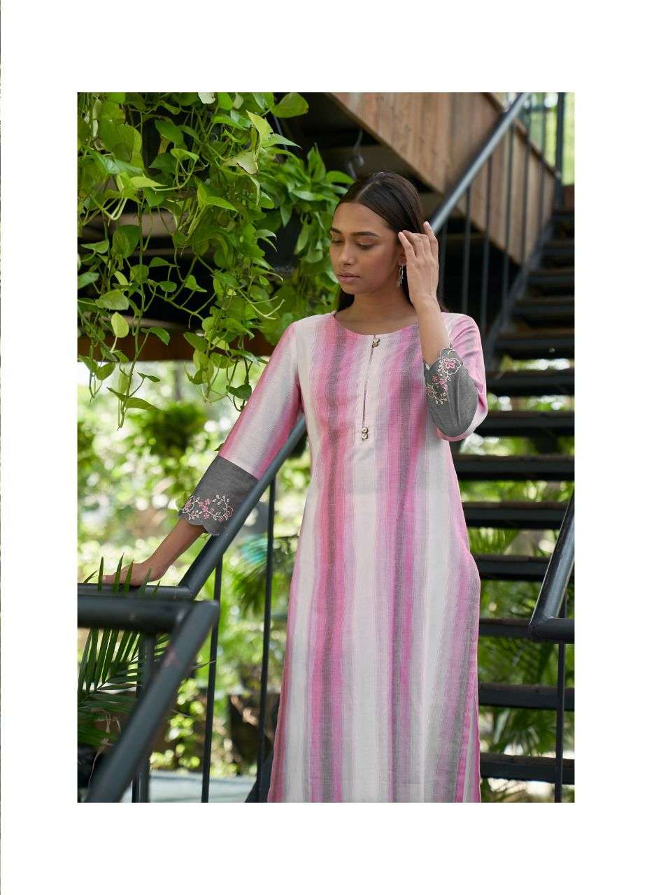 Four Buttons Breeze Vol 5 Pure Cotton Weaving Stripes Embroidery On Sleeves Kurti