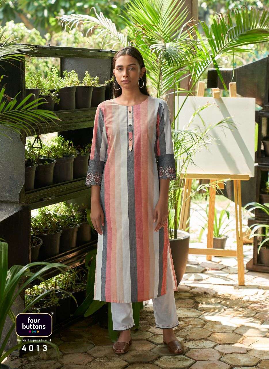 Four Buttons Breeze Vol 5 Pure Cotton Weaving Stripes Embroidery On Sleeves Kurti