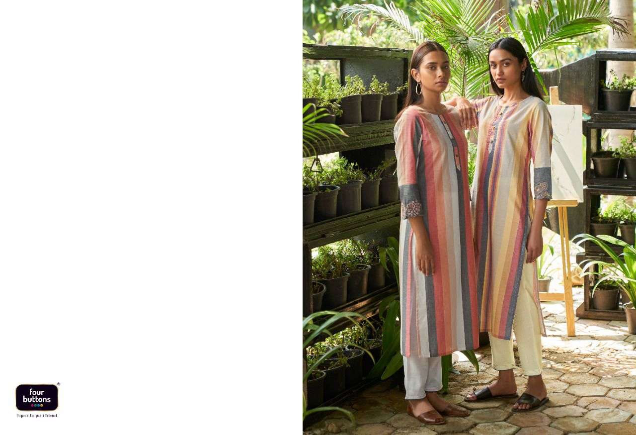 Four Buttons Breeze Vol 5 Pure Cotton Weaving Stripes Embroidery On Sleeves Kurti