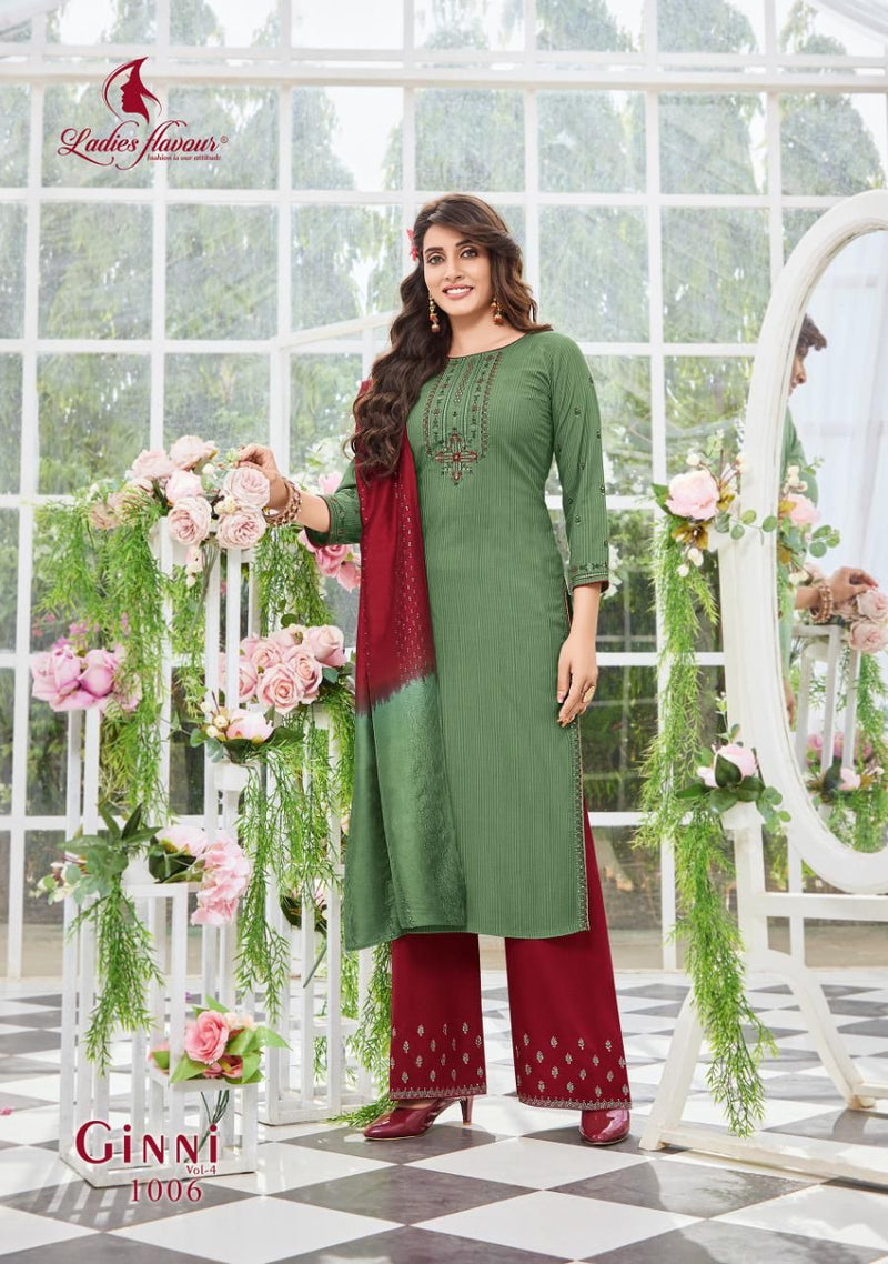 Ladies Flavour Ginni Vol 4 Viscose Embroidered Party Wear Kurtis With Bottom & Dupatta