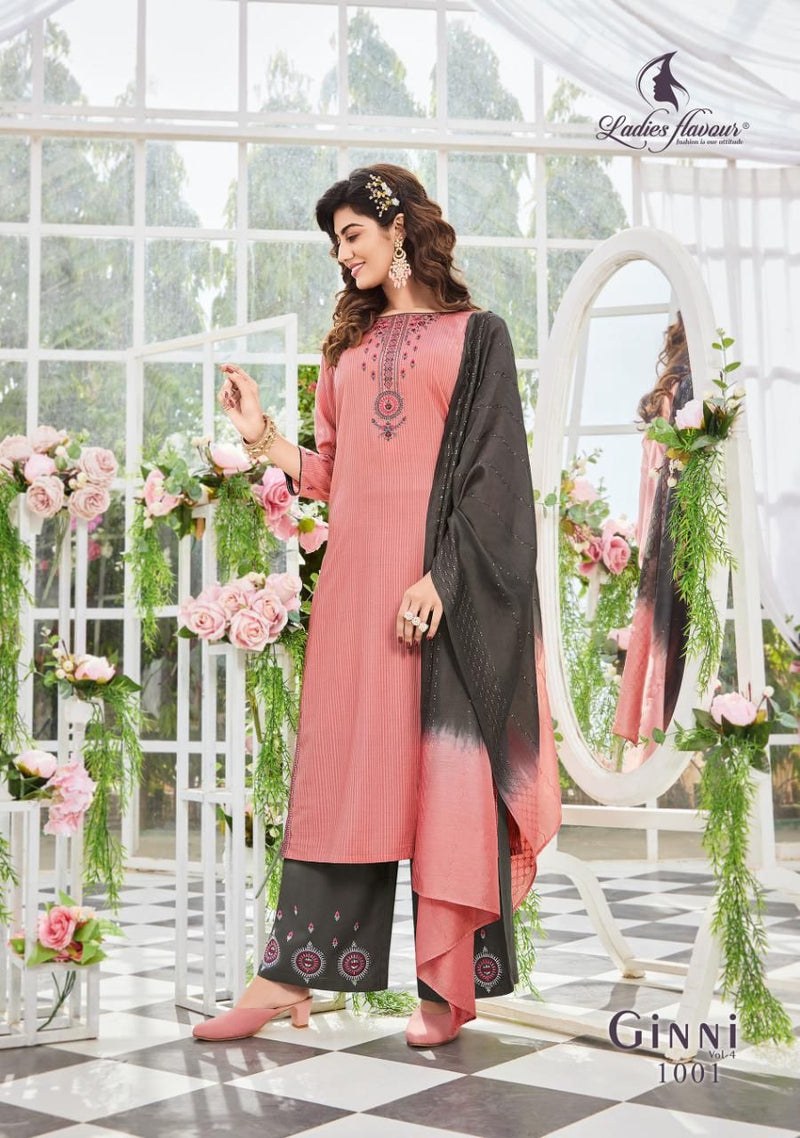 Ladies Flavour Ginni Vol 4 Viscose Embroidered Party Wear Kurtis With Bottom & Dupatta