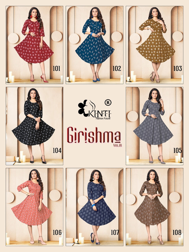 Kinti Girishmaa Vol 1 Rayon Fancy Feeding Pattern Party Wear Kurtis