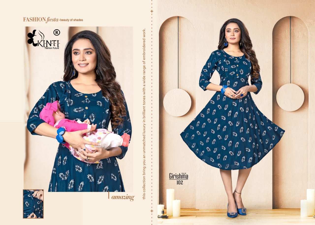 Kinti Girishmaa Vol 1 Rayon Fancy Feeding Pattern Party Wear Kurtis