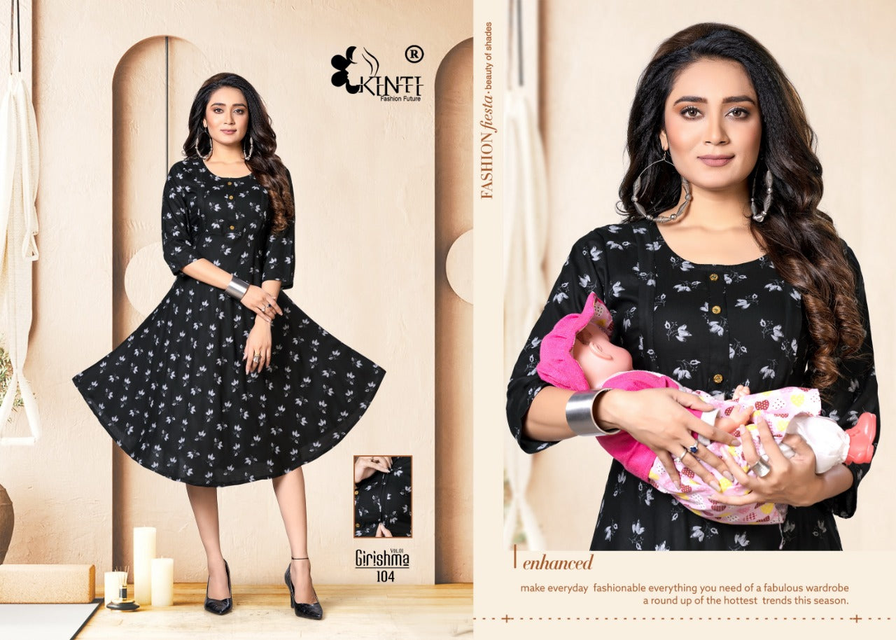 Kinti Girishmaa Vol 1 Rayon Fancy Feeding Pattern Party Wear Kurtis