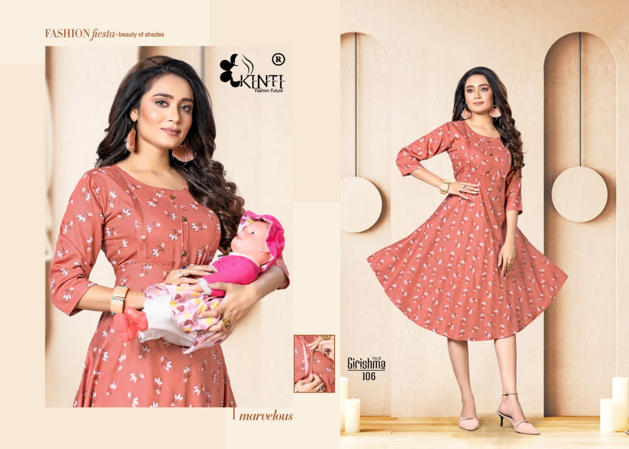 Kinti Girishmaa Vol 1 Rayon Fancy Feeding Pattern Party Wear Kurtis