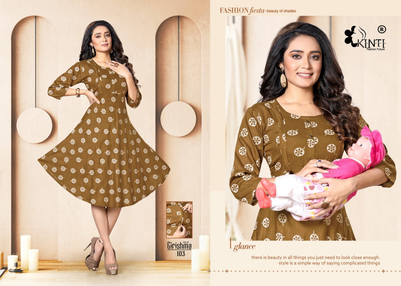 Kinti Girishmaa Vol 1 Rayon Fancy Feeding Pattern Party Wear Kurtis