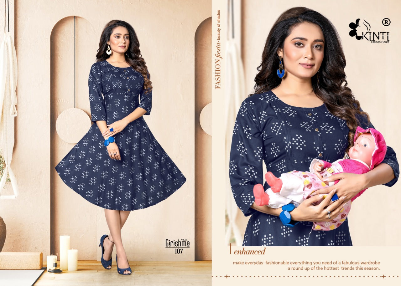 Kinti Girishmaa Vol 1 Rayon Fancy Feeding Pattern Party Wear Kurtis