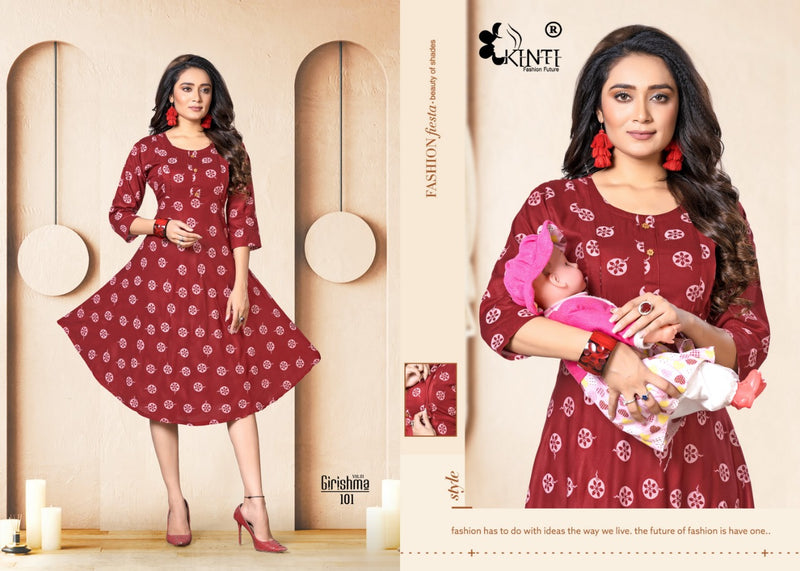 Kinti Girishmaa Vol 1 Rayon Fancy Feeding Pattern Party Wear Kurtis