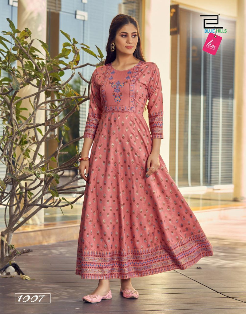 Blue Hills Glamour Vol 5 Rayon Gown Style Party Wear Kurtis With Foil Prints