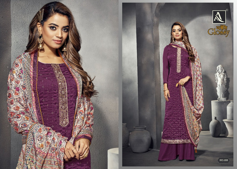 Alok Suits Glossy Satin Georgette Designer Embroidered Party Wear Salwar Kameez