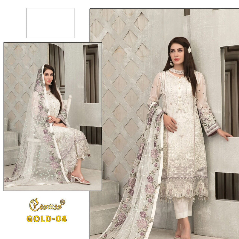 Cosmos Fashion Gold 4 Soft Net Designer Pakistani Style Party Wear Salwar Suits With Heavy Embroidery