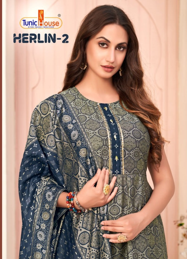 Tunic House Harlin Vol2 Muslin Silk Designer Party Wear Ready Made Party Wear Kurtis With Sharara Bottom & Dupatta