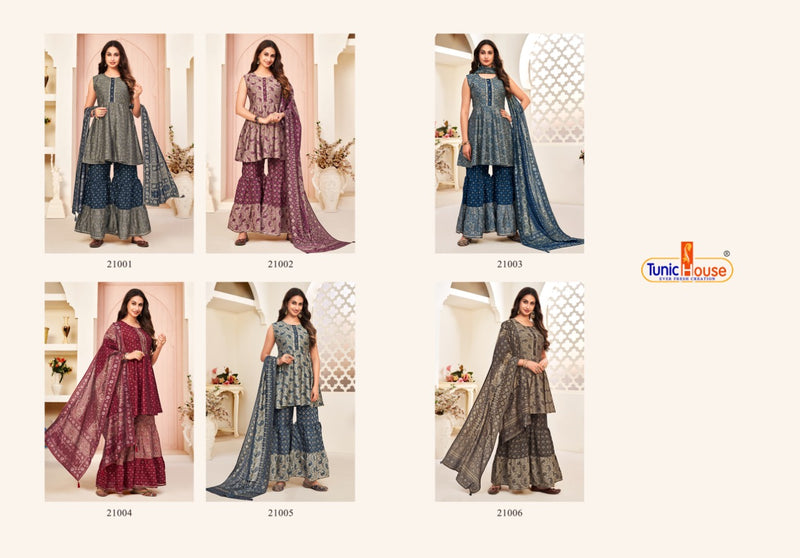 Tunic House Harlin Vol2 Muslin Silk Designer Party Wear Ready Made Party Wear Kurtis With Sharara Bottom & Dupatta