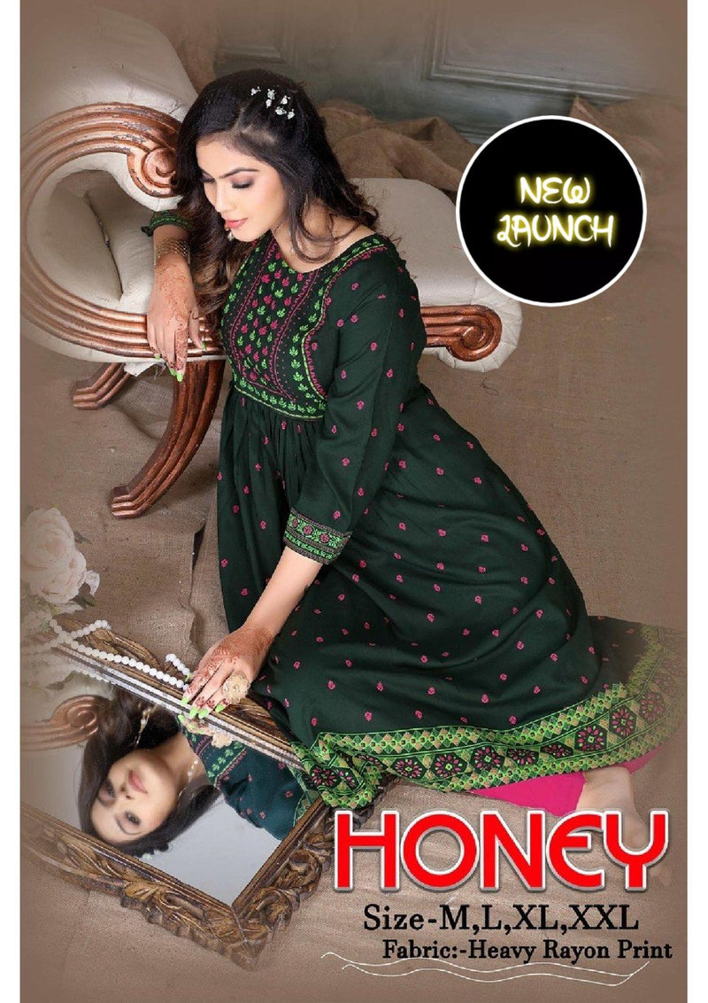 Riyaa Honey Vol 1 Rayon With Printed Fancy Stylish Designer Long Kurti