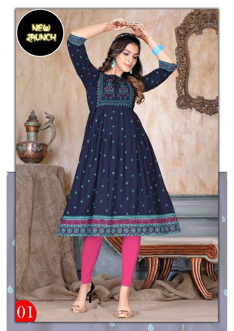 Riyaa Honey Vol 1 Rayon With Printed Fancy Stylish Designer Long Kurti