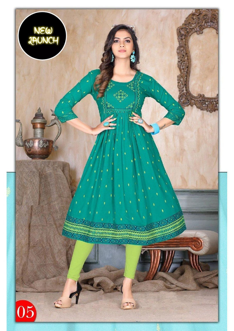 Riyaa Honey Vol 1 Rayon With Printed Fancy Stylish Designer Long Kurti